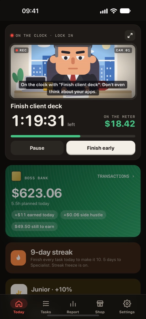 A task on the clock with Boss Cam, a countdown and pay on the meter